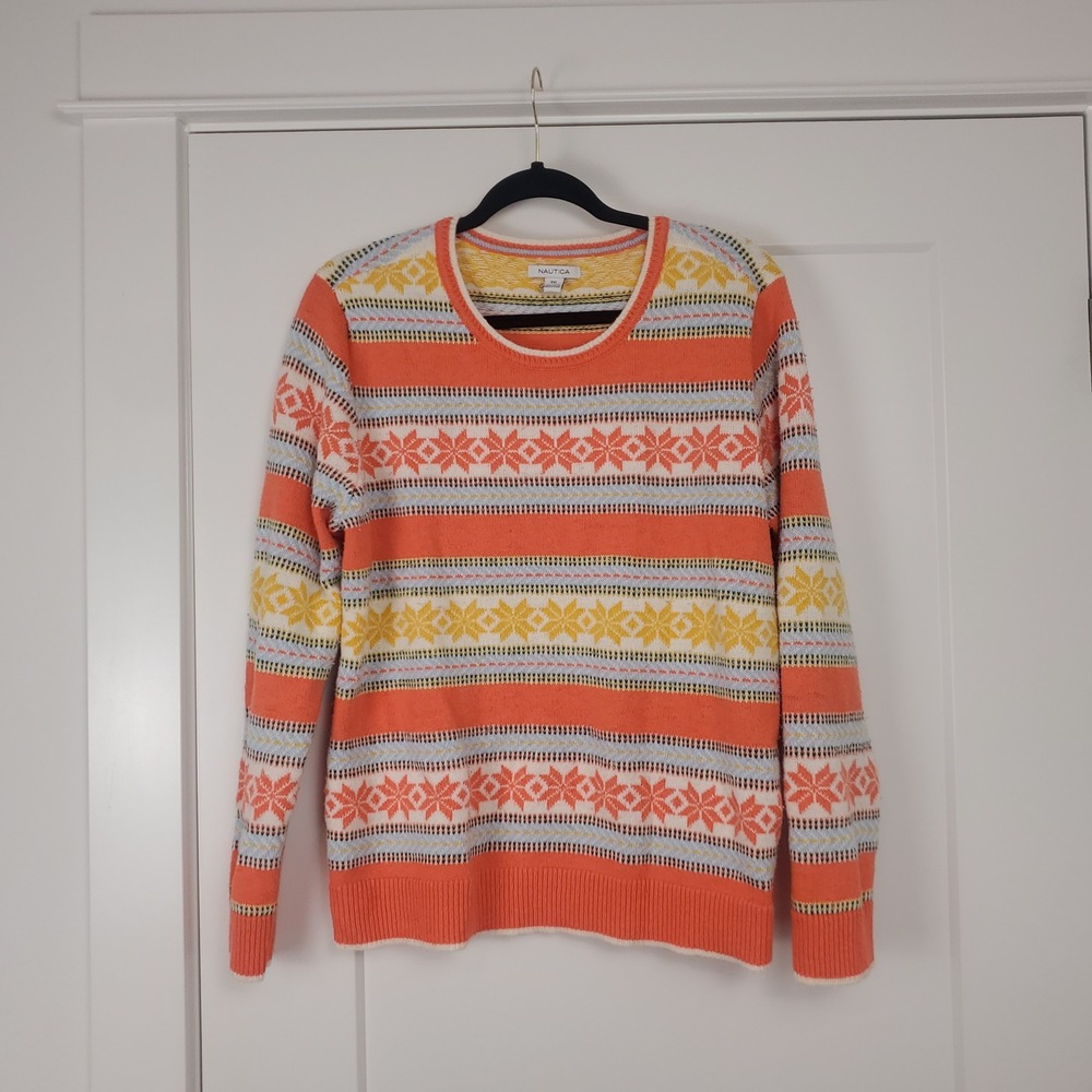 Nautica Sweater Women XXL Orange Fair Isle Stripe Cotton Blend Long Sleeve